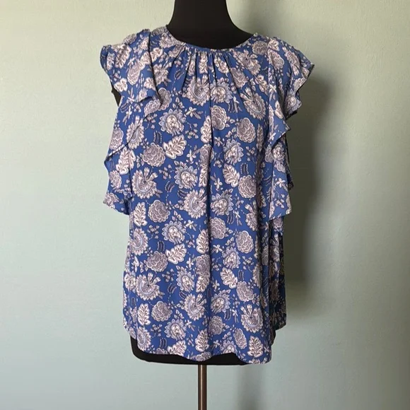 Vince Camuto Blue and White Ruffled Cap Sleeve Blouse - Picture 1 of 5
